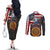 Custom American Flag and Bald Eagle Darts Couples Matching Off The Shoulder Long Sleeve Dress and Long Sleeve Button Shirt with Flaming Dartboard - Wonder Print Shop