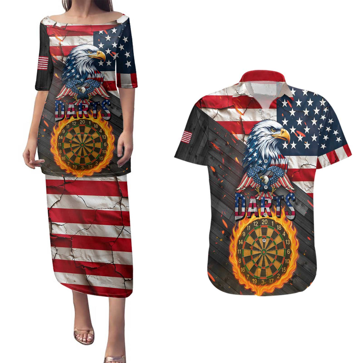 Custom American Flag and Bald Eagle Darts Couples Matching Puletasi and Hawaiian Shirt with Flaming Dartboard - Wonder Print Shop