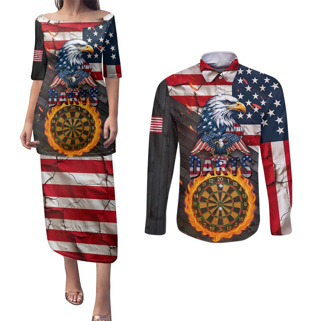 Custom American Flag and Bald Eagle Darts Couples Matching Puletasi and Long Sleeve Button Shirt with Flaming Dartboard - Wonder Print Shop