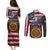 Custom American Flag and Bald Eagle Darts Couples Matching Puletasi and Long Sleeve Button Shirt with Flaming Dartboard - Wonder Print Shop