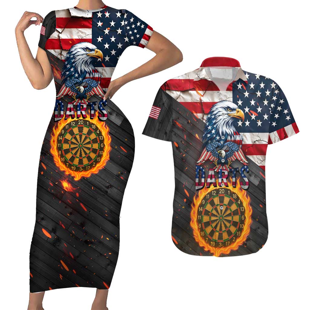 Custom American Flag and Bald Eagle Darts Couples Matching Short Sleeve Bodycon Dress and Hawaiian Shirt with Flaming Dartboard - Wonder Print Shop