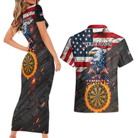 Custom American Flag and Bald Eagle Darts Couples Matching Short Sleeve Bodycon Dress and Hawaiian Shirt with Flaming Dartboard - Wonder Print Shop