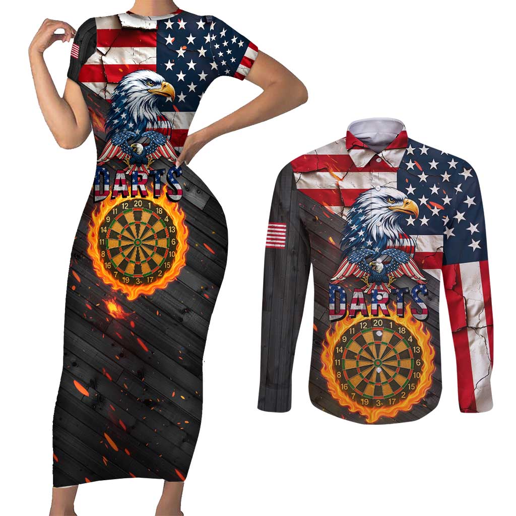 Custom American Flag and Bald Eagle Darts Couples Matching Short Sleeve Bodycon Dress and Long Sleeve Button Shirt with Flaming Dartboard - Wonder Print Shop