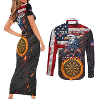 Custom American Flag and Bald Eagle Darts Couples Matching Short Sleeve Bodycon Dress and Long Sleeve Button Shirt with Flaming Dartboard - Wonder Print Shop