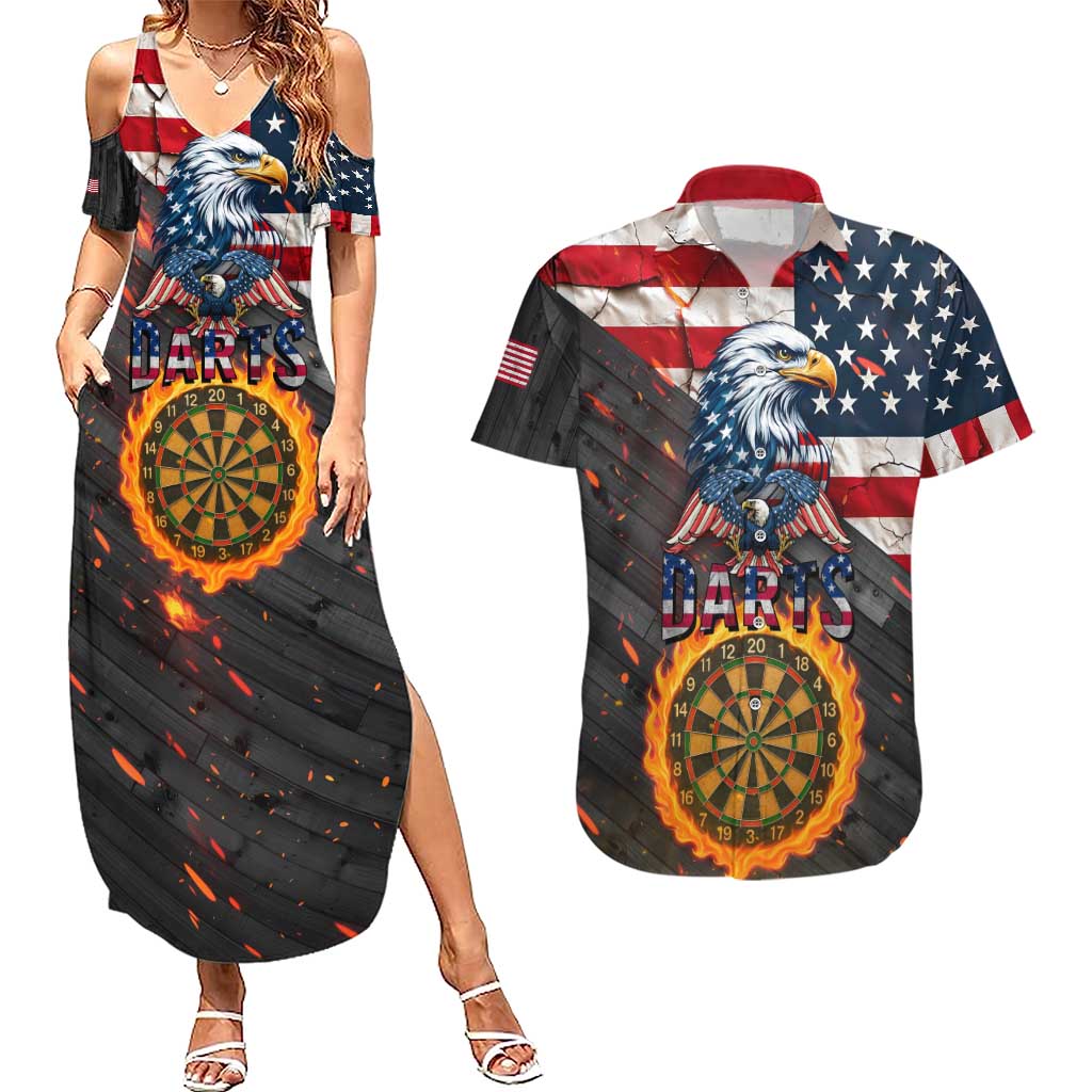 Custom American Flag and Bald Eagle Darts Couples Matching Summer Maxi Dress and Hawaiian Shirt with Flaming Dartboard - Wonder Print Shop