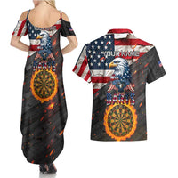 Custom American Flag and Bald Eagle Darts Couples Matching Summer Maxi Dress and Hawaiian Shirt with Flaming Dartboard - Wonder Print Shop