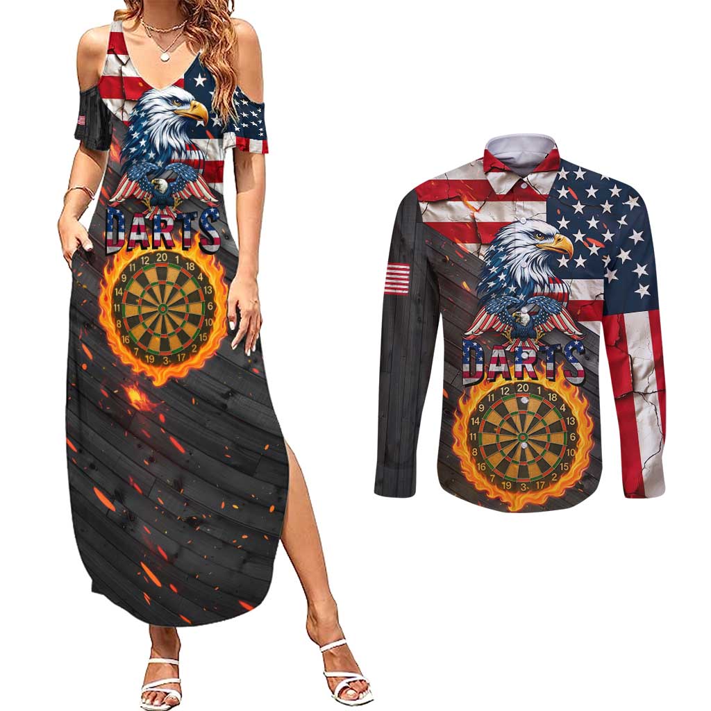 Custom American Flag and Bald Eagle Darts Couples Matching Summer Maxi Dress and Long Sleeve Button Shirt with Flaming Dartboard - Wonder Print Shop