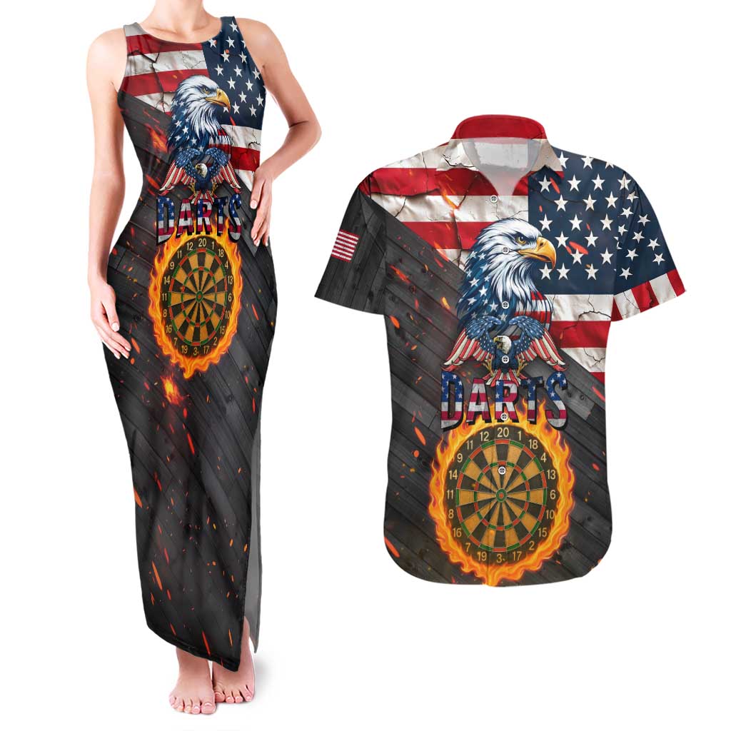 Custom American Flag and Bald Eagle Darts Couples Matching Tank Maxi Dress and Hawaiian Shirt with Flaming Dartboard - Wonder Print Shop