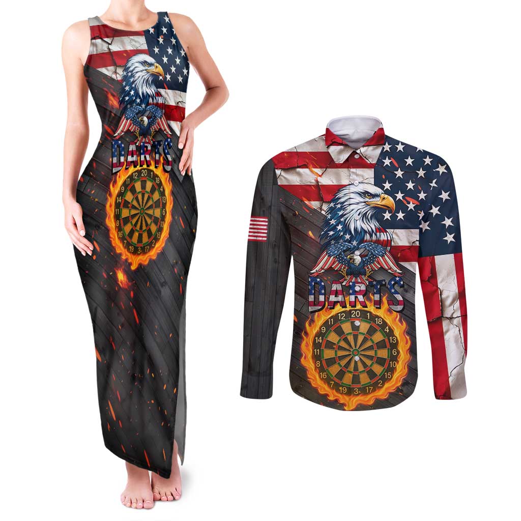 Custom American Flag and Bald Eagle Darts Couples Matching Tank Maxi Dress and Long Sleeve Button Shirt with Flaming Dartboard - Wonder Print Shop