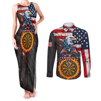 Custom American Flag and Bald Eagle Darts Couples Matching Tank Maxi Dress and Long Sleeve Button Shirt with Flaming Dartboard - Wonder Print Shop