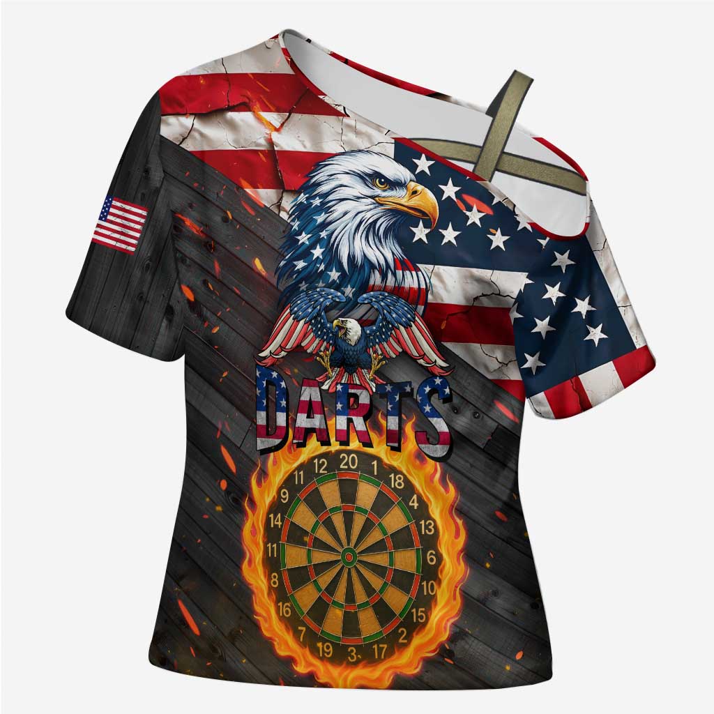 Custom American Flag and Bald Eagle Darts Cross Shoulder Shirt with Flaming Dartboard - Wonder Print Shop