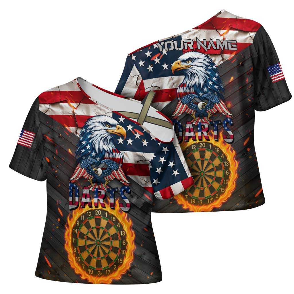Custom American Flag and Bald Eagle Darts Cross Shoulder Shirt with Flaming Dartboard - Wonder Print Shop