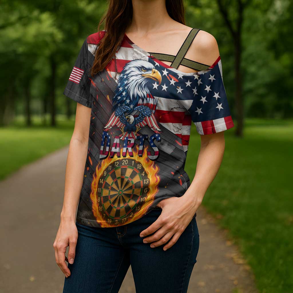 Custom American Flag and Bald Eagle Darts Cross Shoulder Shirt with Flaming Dartboard - Wonder Print Shop