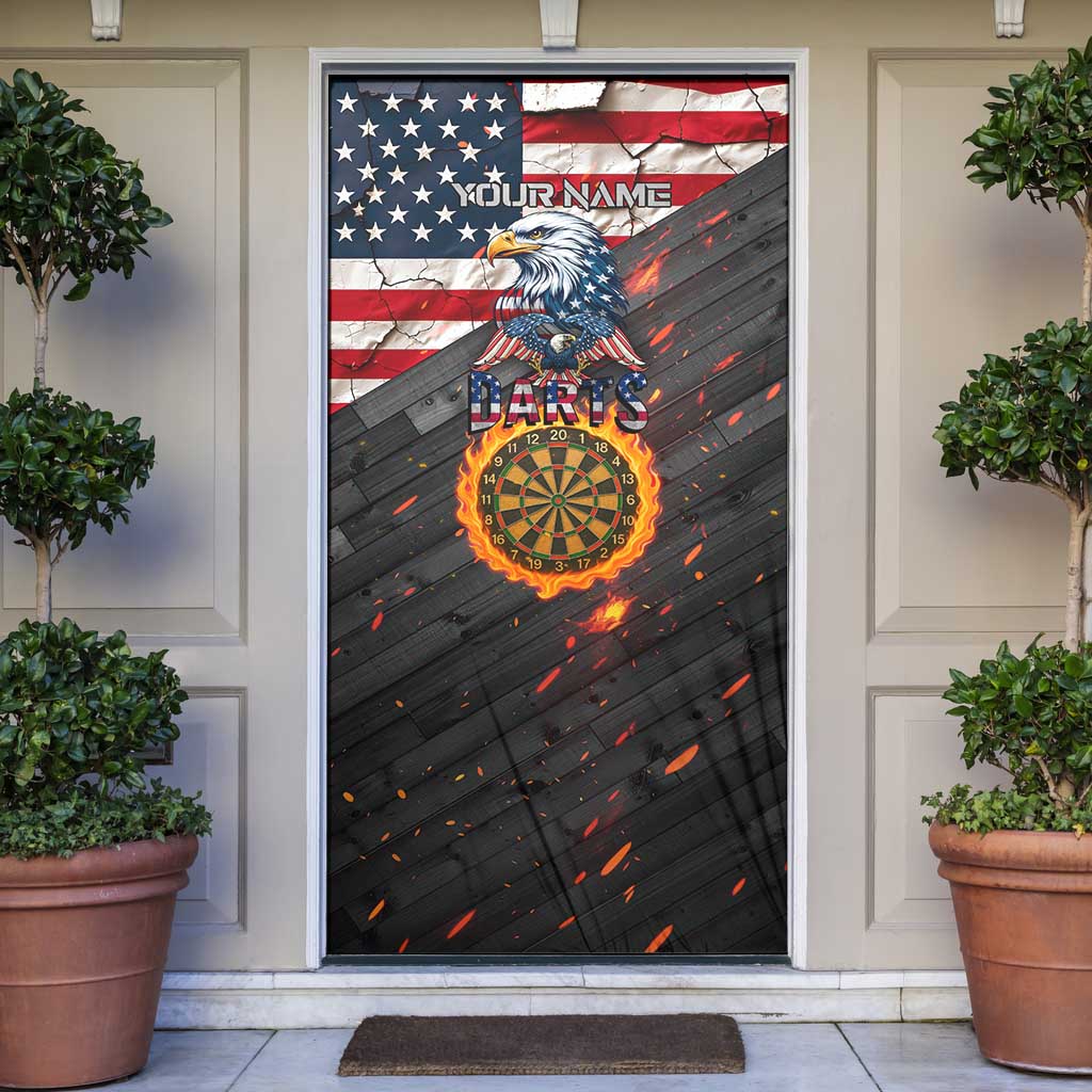 Custom American Flag and Bald Eagle Darts Door Cover with Flaming Dartboard - Wonder Print Shop