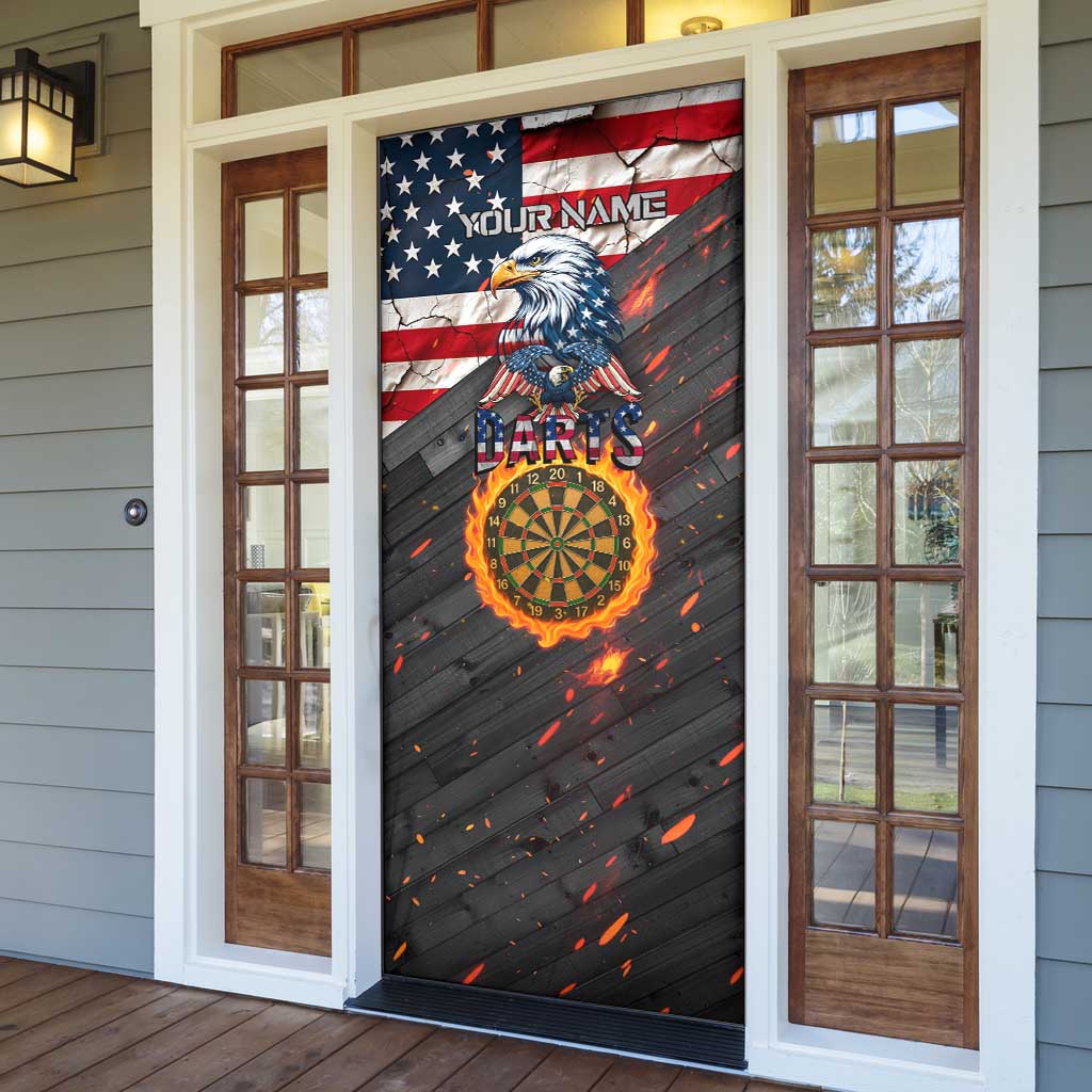 Custom American Flag and Bald Eagle Darts Door Cover with Flaming Dartboard - Wonder Print Shop