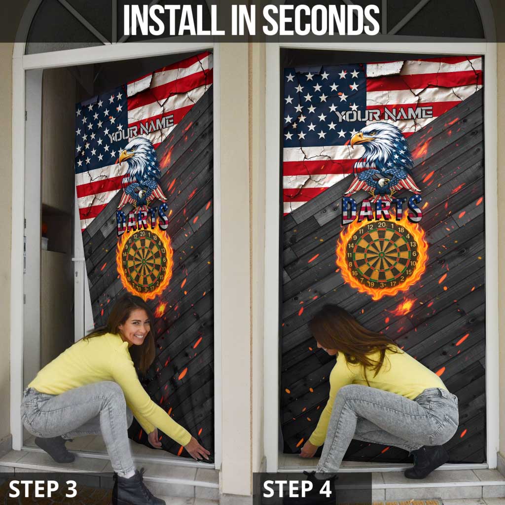 Custom American Flag and Bald Eagle Darts Door Cover with Flaming Dartboard - Wonder Print Shop