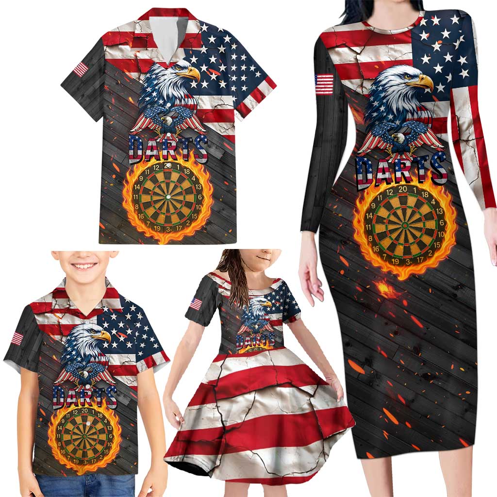 Custom American Flag and Bald Eagle Darts Family Matching Long Sleeve Bodycon Dress and Hawaiian Shirt with Flaming Dartboard - Wonder Print Shop