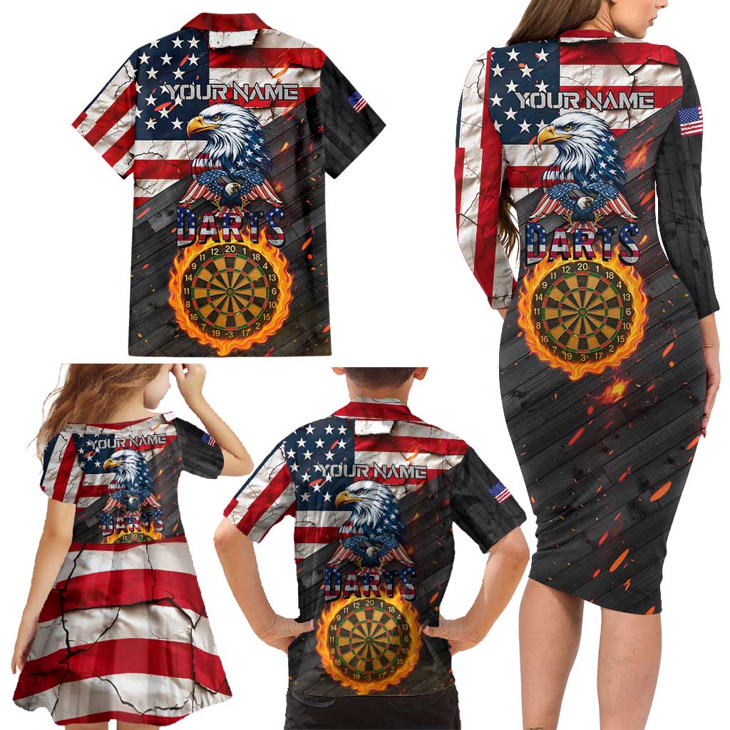 Custom American Flag and Bald Eagle Darts Family Matching Long Sleeve Bodycon Dress and Hawaiian Shirt with Flaming Dartboard - Wonder Print Shop