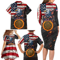 Custom American Flag and Bald Eagle Darts Family Matching Long Sleeve Bodycon Dress and Hawaiian Shirt with Flaming Dartboard - Wonder Print Shop