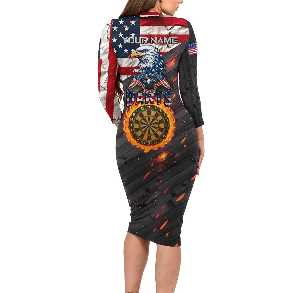 Custom American Flag and Bald Eagle Darts Family Matching Long Sleeve Bodycon Dress and Hawaiian Shirt with Flaming Dartboard - Wonder Print Shop