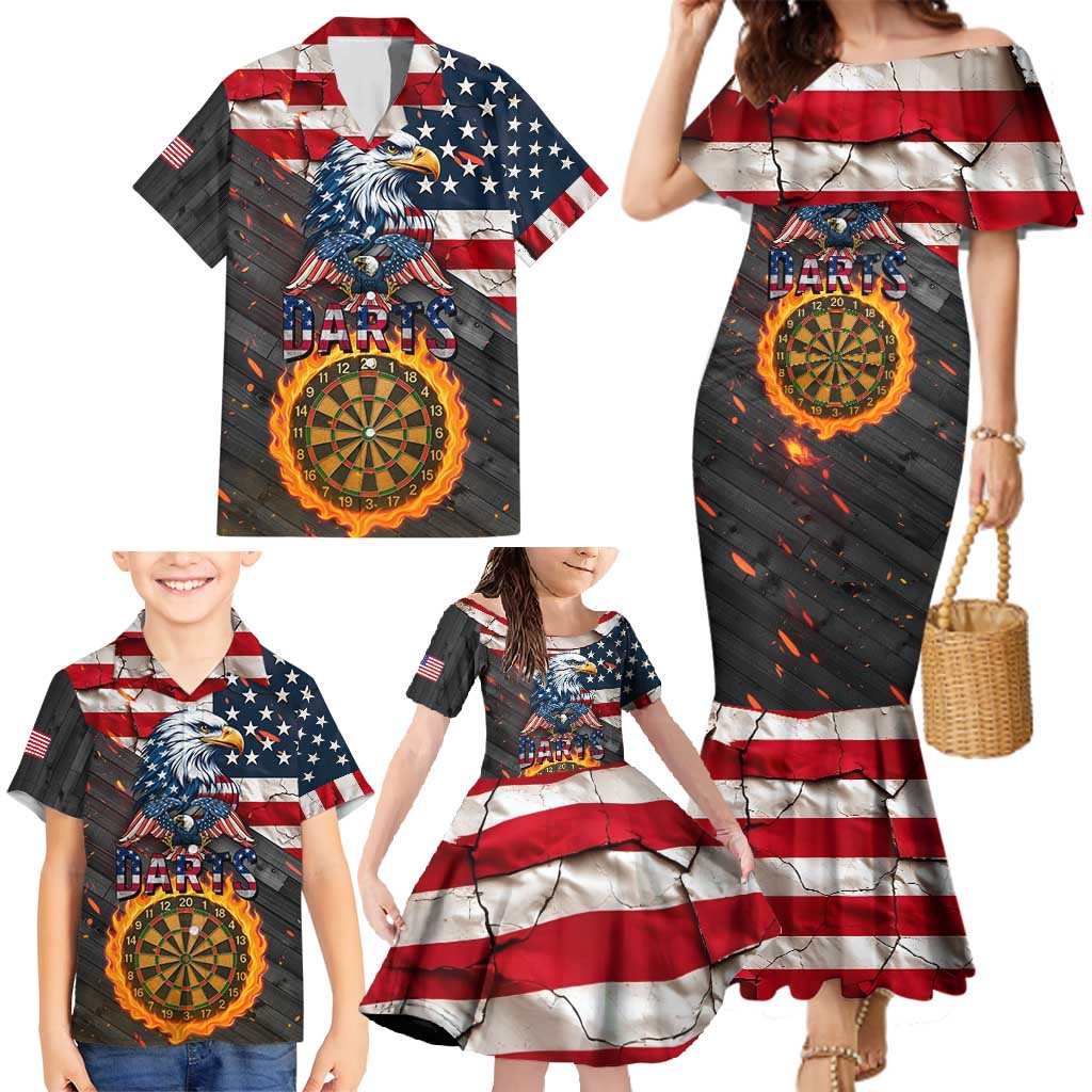 Custom American Flag and Bald Eagle Darts Family Matching Mermaid Dress and Hawaiian Shirt with Flaming Dartboard - Wonder Print Shop
