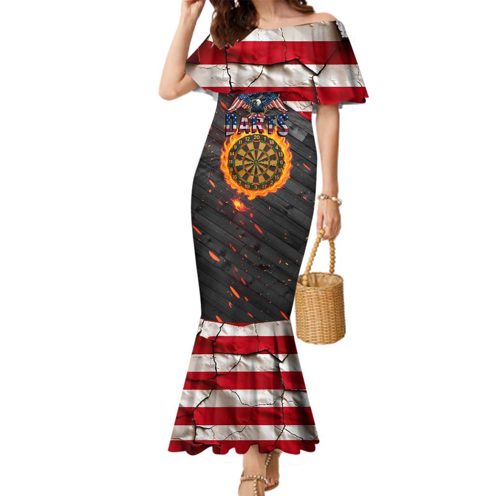 Custom American Flag and Bald Eagle Darts Family Matching Mermaid Dress and Hawaiian Shirt with Flaming Dartboard - Wonder Print Shop
