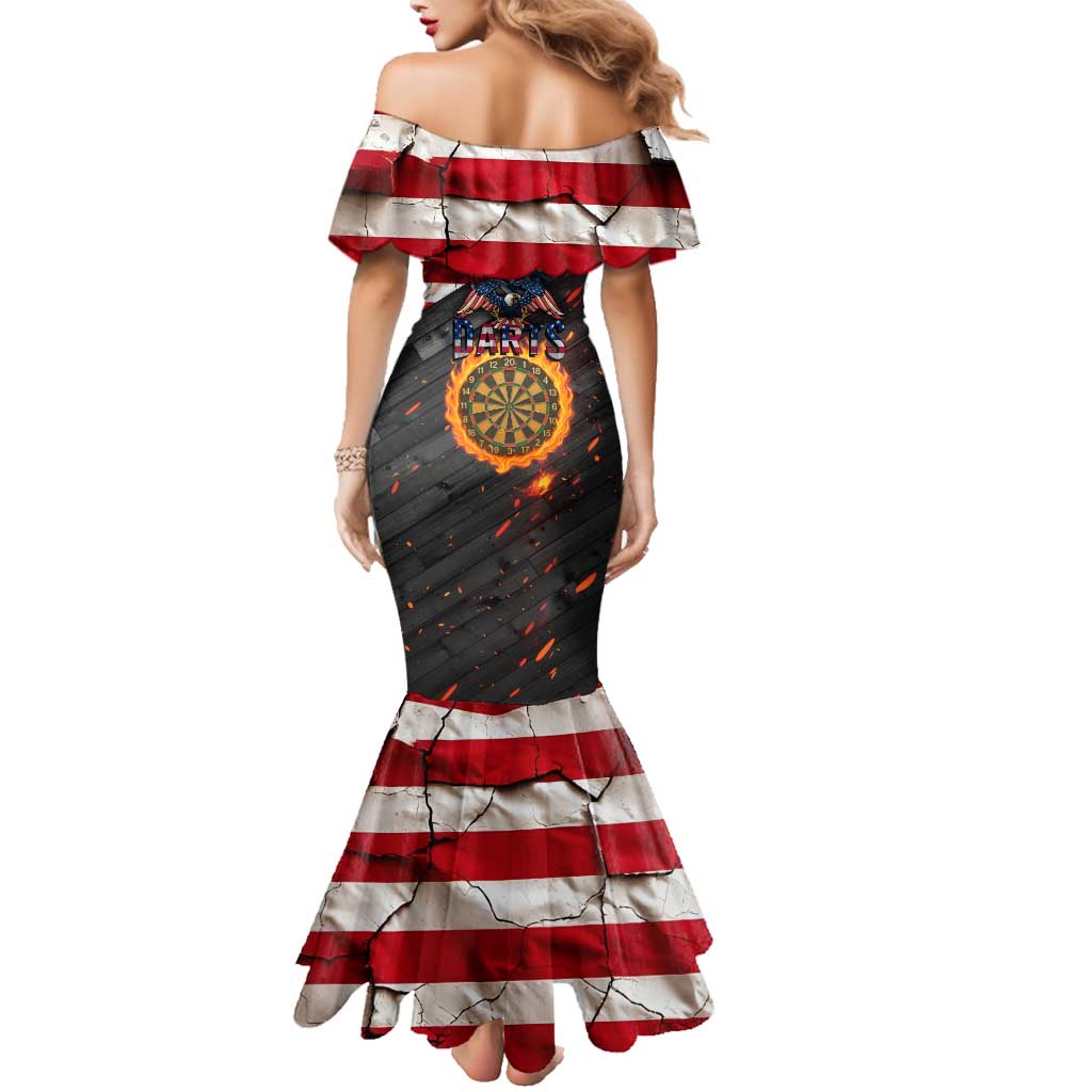 Custom American Flag and Bald Eagle Darts Family Matching Mermaid Dress and Hawaiian Shirt with Flaming Dartboard - Wonder Print Shop
