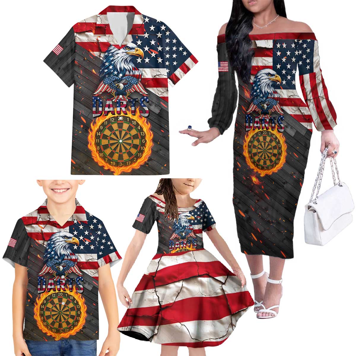 Custom American Flag and Bald Eagle Darts Family Matching Off The Shoulder Long Sleeve Dress and Hawaiian Shirt with Flaming Dartboard - Wonder Print Shop