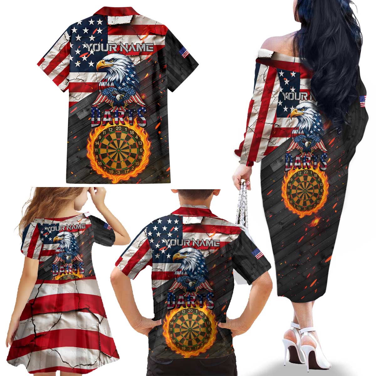 Custom American Flag and Bald Eagle Darts Family Matching Off The Shoulder Long Sleeve Dress and Hawaiian Shirt with Flaming Dartboard - Wonder Print Shop