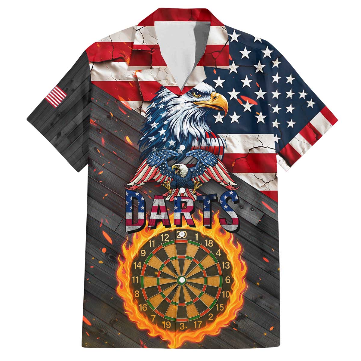 Custom American Flag and Bald Eagle Darts Family Matching Off The Shoulder Long Sleeve Dress and Hawaiian Shirt with Flaming Dartboard - Wonder Print Shop