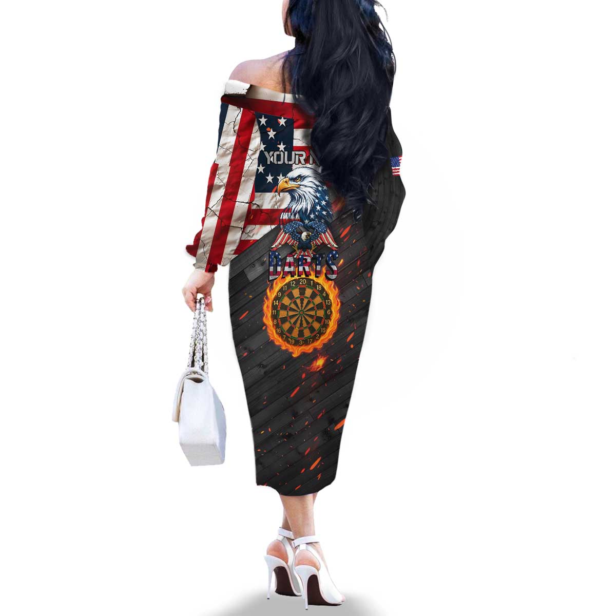 Custom American Flag and Bald Eagle Darts Family Matching Off The Shoulder Long Sleeve Dress and Hawaiian Shirt with Flaming Dartboard - Wonder Print Shop