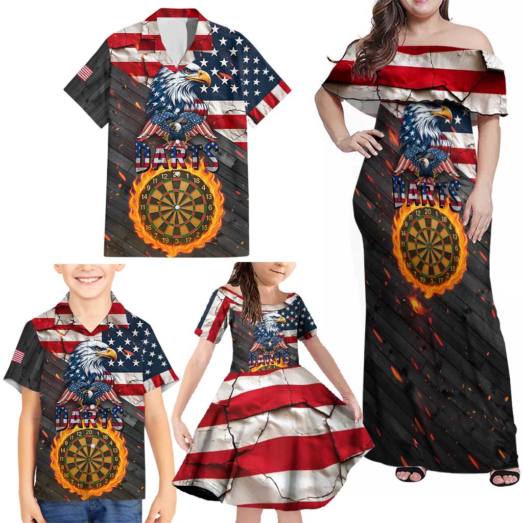 Custom American Flag and Bald Eagle Darts Family Matching Off Shoulder Maxi Dress and Hawaiian Shirt with Flaming Dartboard - Wonder Print Shop