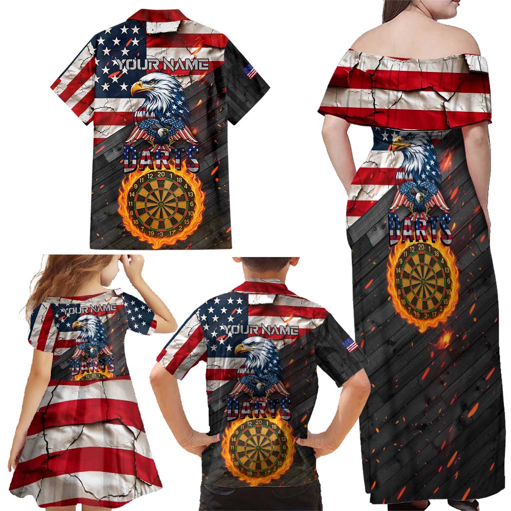 Custom American Flag and Bald Eagle Darts Family Matching Off Shoulder Maxi Dress and Hawaiian Shirt with Flaming Dartboard - Wonder Print Shop