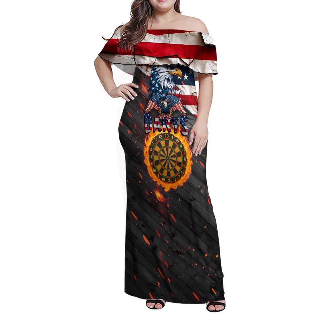 Custom American Flag and Bald Eagle Darts Family Matching Off Shoulder Maxi Dress and Hawaiian Shirt with Flaming Dartboard - Wonder Print Shop