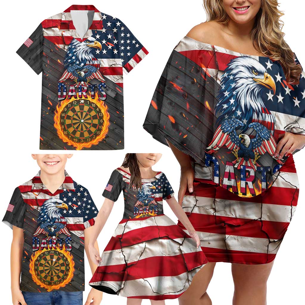 Custom American Flag and Bald Eagle Darts Family Matching Off Shoulder Short Dress and Hawaiian Shirt with Flaming Dartboard - Wonder Print Shop