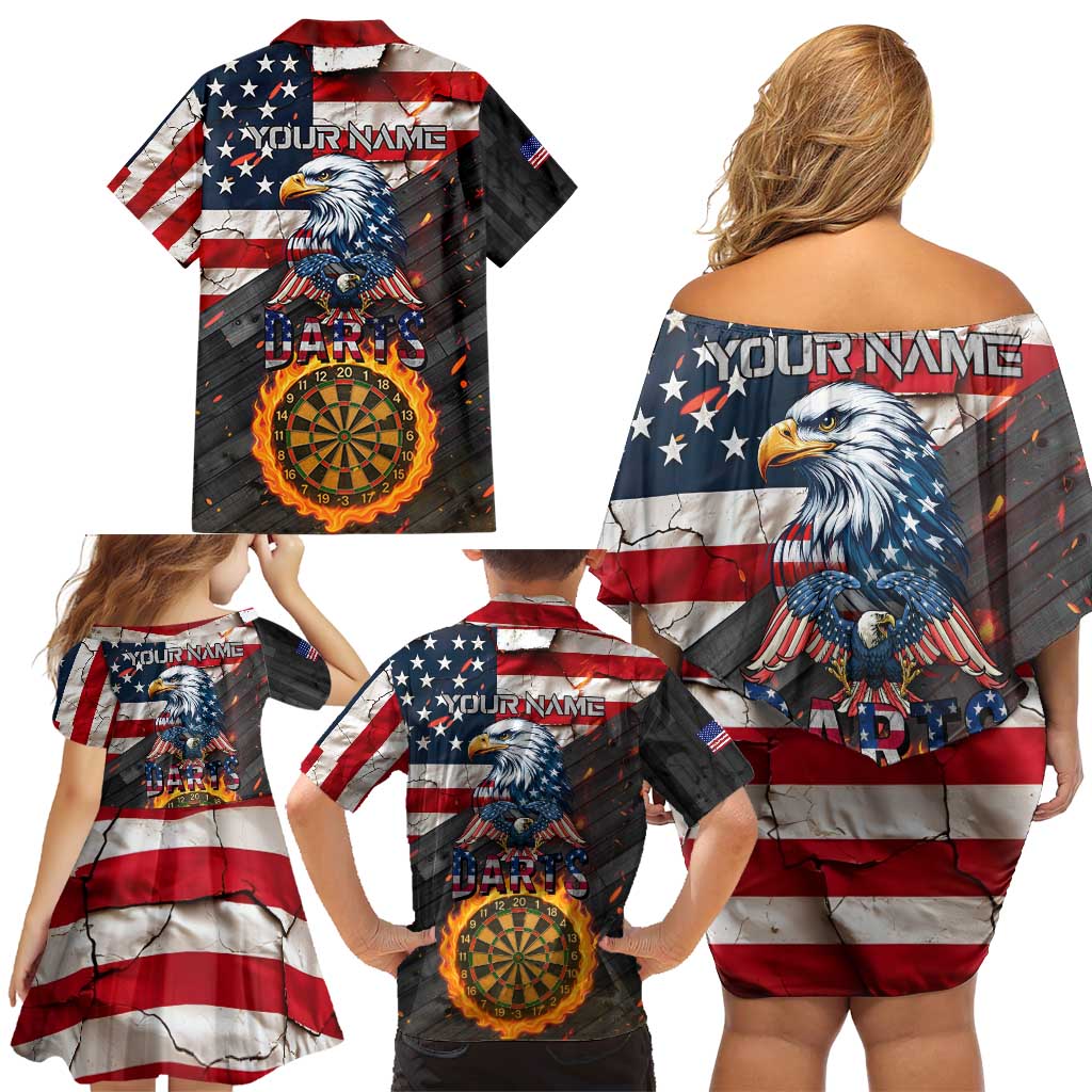 Custom American Flag and Bald Eagle Darts Family Matching Off Shoulder Short Dress and Hawaiian Shirt with Flaming Dartboard - Wonder Print Shop