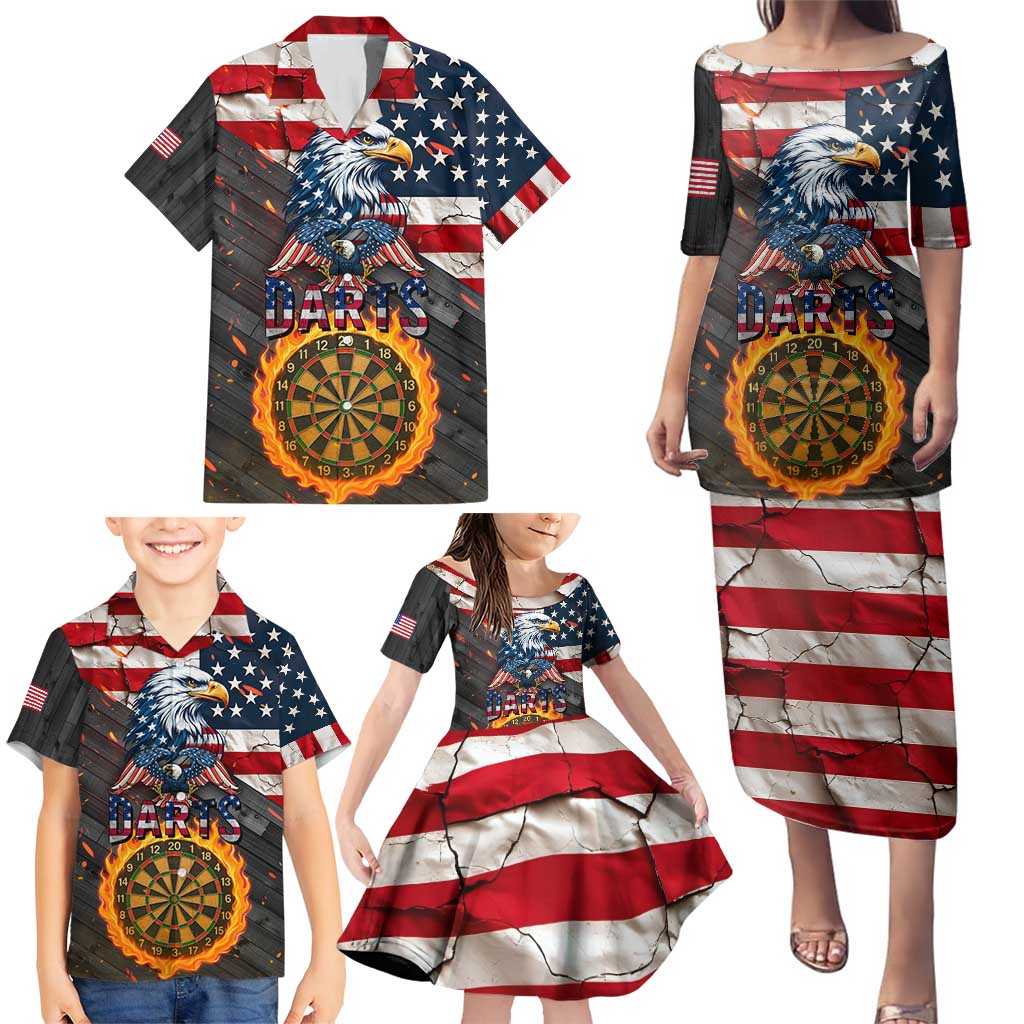 Custom American Flag and Bald Eagle Darts Family Matching Puletasi and Hawaiian Shirt with Flaming Dartboard - Wonder Print Shop