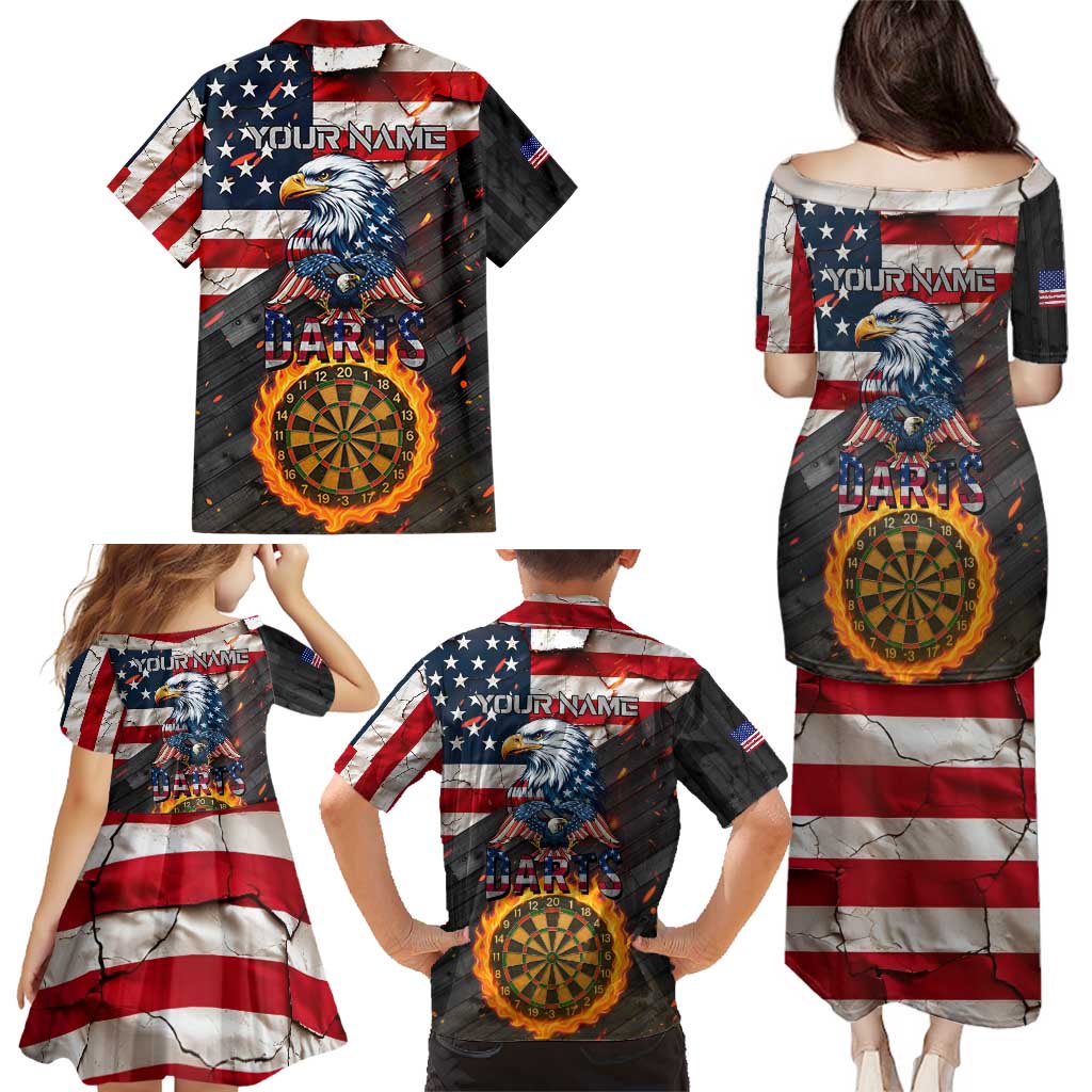 Custom American Flag and Bald Eagle Darts Family Matching Puletasi and Hawaiian Shirt with Flaming Dartboard - Wonder Print Shop