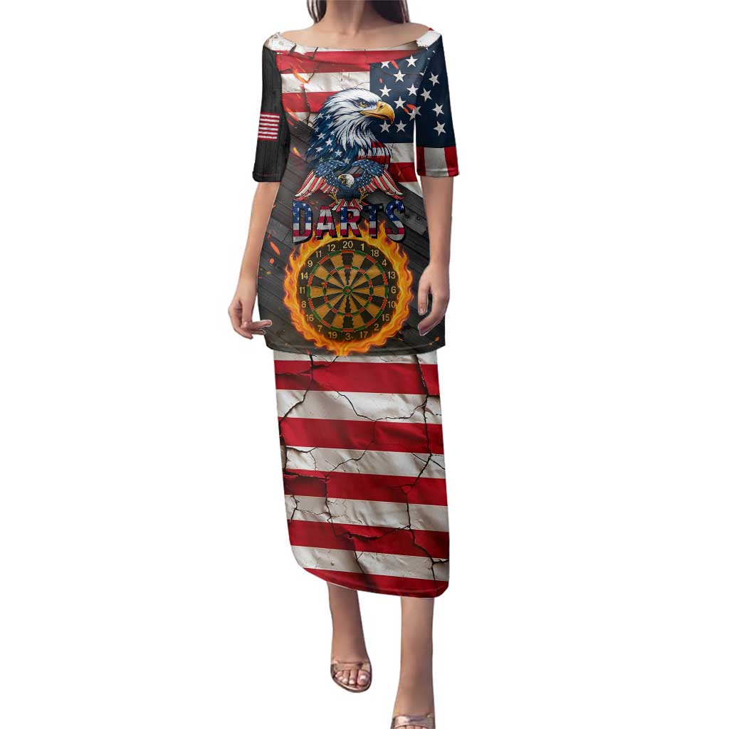Custom American Flag and Bald Eagle Darts Family Matching Puletasi and Hawaiian Shirt with Flaming Dartboard - Wonder Print Shop