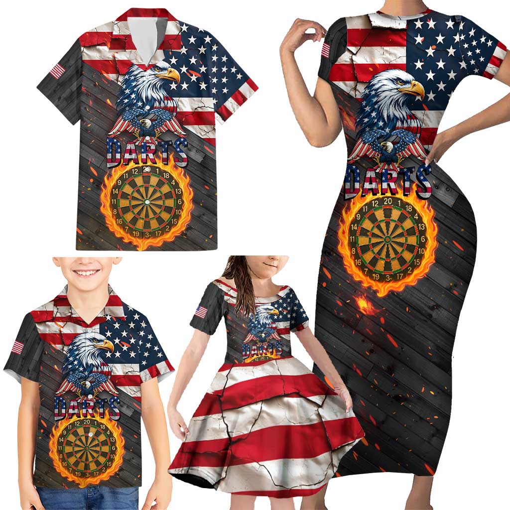 Custom American Flag and Bald Eagle Darts Family Matching Short Sleeve Bodycon Dress and Hawaiian Shirt with Flaming Dartboard - Wonder Print Shop
