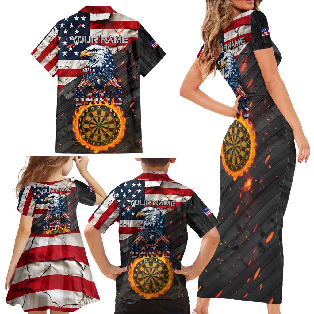 Custom American Flag and Bald Eagle Darts Family Matching Short Sleeve Bodycon Dress and Hawaiian Shirt with Flaming Dartboard - Wonder Print Shop