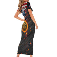 Custom American Flag and Bald Eagle Darts Family Matching Short Sleeve Bodycon Dress and Hawaiian Shirt with Flaming Dartboard - Wonder Print Shop