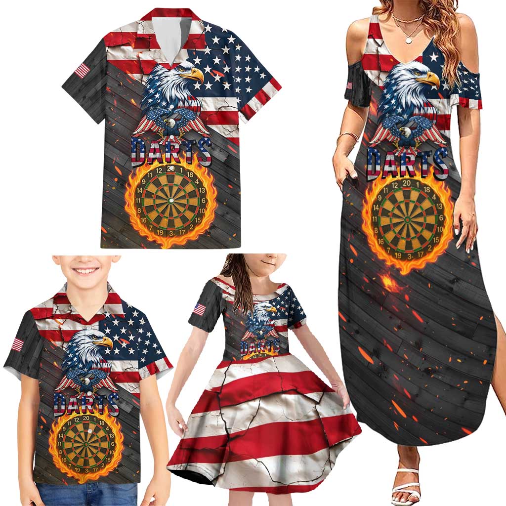 Custom American Flag and Bald Eagle Darts Family Matching Summer Maxi Dress and Hawaiian Shirt with Flaming Dartboard - Wonder Print Shop