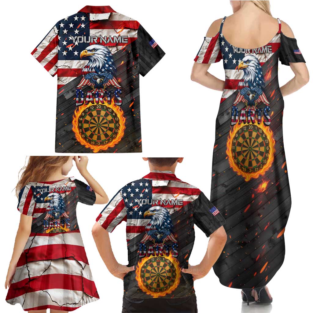 Custom American Flag and Bald Eagle Darts Family Matching Summer Maxi Dress and Hawaiian Shirt with Flaming Dartboard - Wonder Print Shop