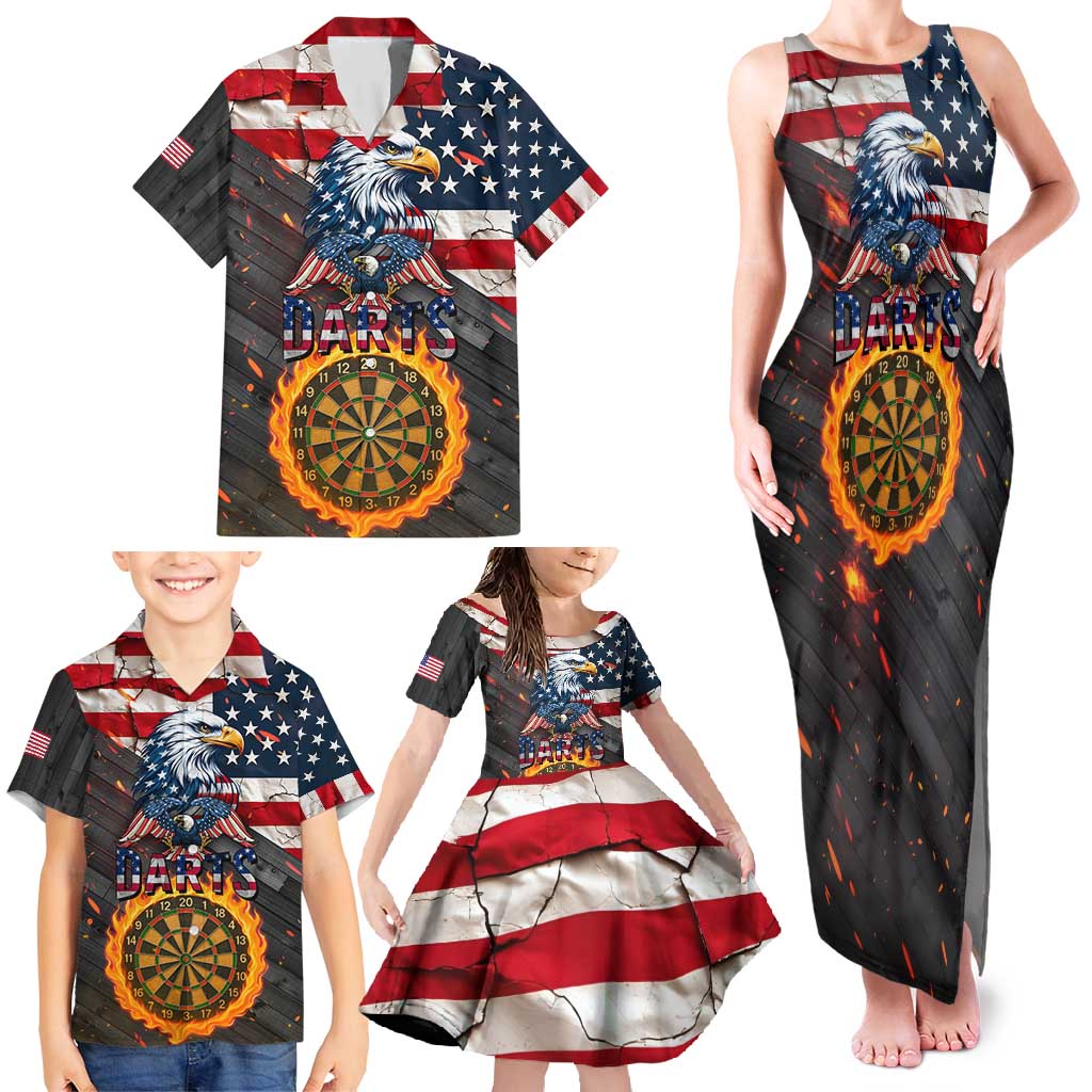 Custom American Flag and Bald Eagle Darts Family Matching Tank Maxi Dress and Hawaiian Shirt with Flaming Dartboard - Wonder Print Shop