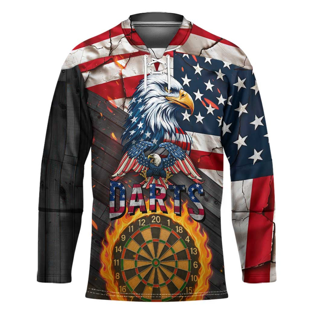 Custom American Flag and Bald Eagle Darts Hockey Jersey with Flaming Dartboard - Wonder Print Shop