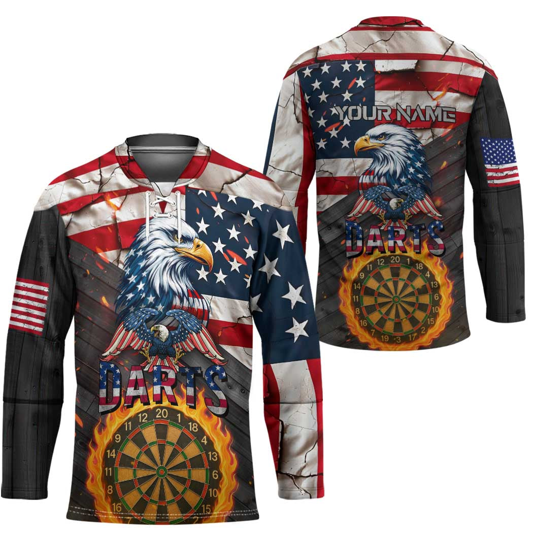 Custom American Flag and Bald Eagle Darts Hockey Jersey with Flaming Dartboard - Wonder Print Shop