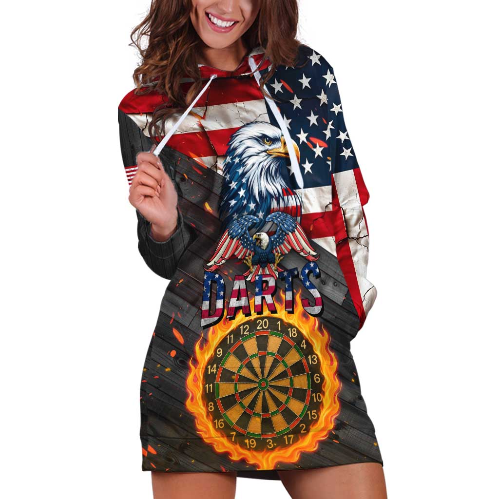 Custom American Flag and Bald Eagle Darts Hoodie Dress with Flaming Dartboard - Wonder Print Shop