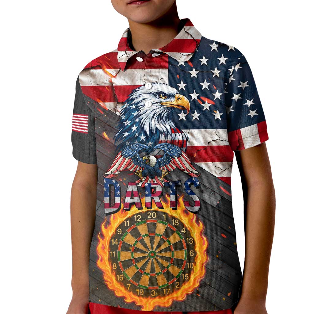 Custom American Flag and Bald Eagle Darts Kid Polo Shirt with Flaming Dartboard - Wonder Print Shop