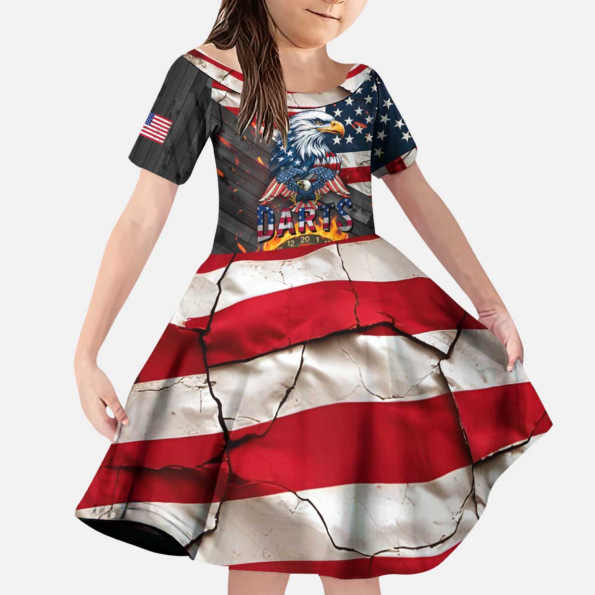 Custom American Flag and Bald Eagle Darts Kid Short Sleeve Dress with Flaming Dartboard - Wonder Print Shop